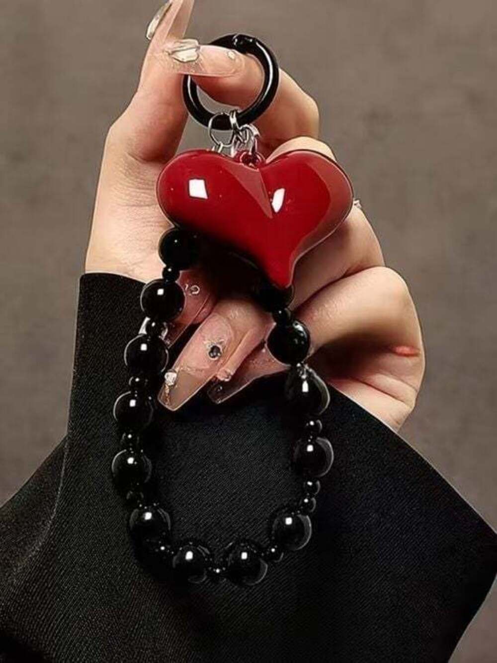 Red Heart Keyring Wristlet with Black Beaded Loop